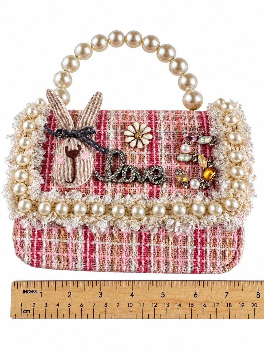 Embellished Pink Tweed Pearl-Handle Top-Handle Bag - Unbranded